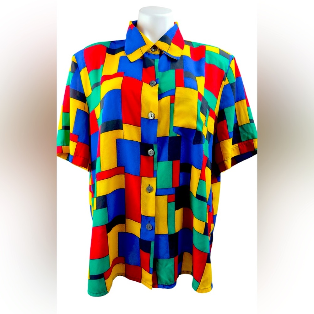 Vintage Kathy Che Womens Multicolor Colorblock Short Sleeve Button Up Top